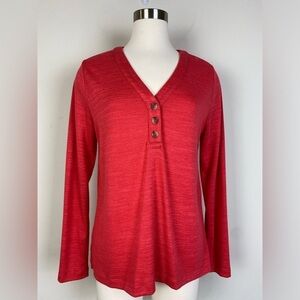 Loft Henley Tee Long Sleeve Red 3-Button Space Dye Soft Stretchy Comfy Size L